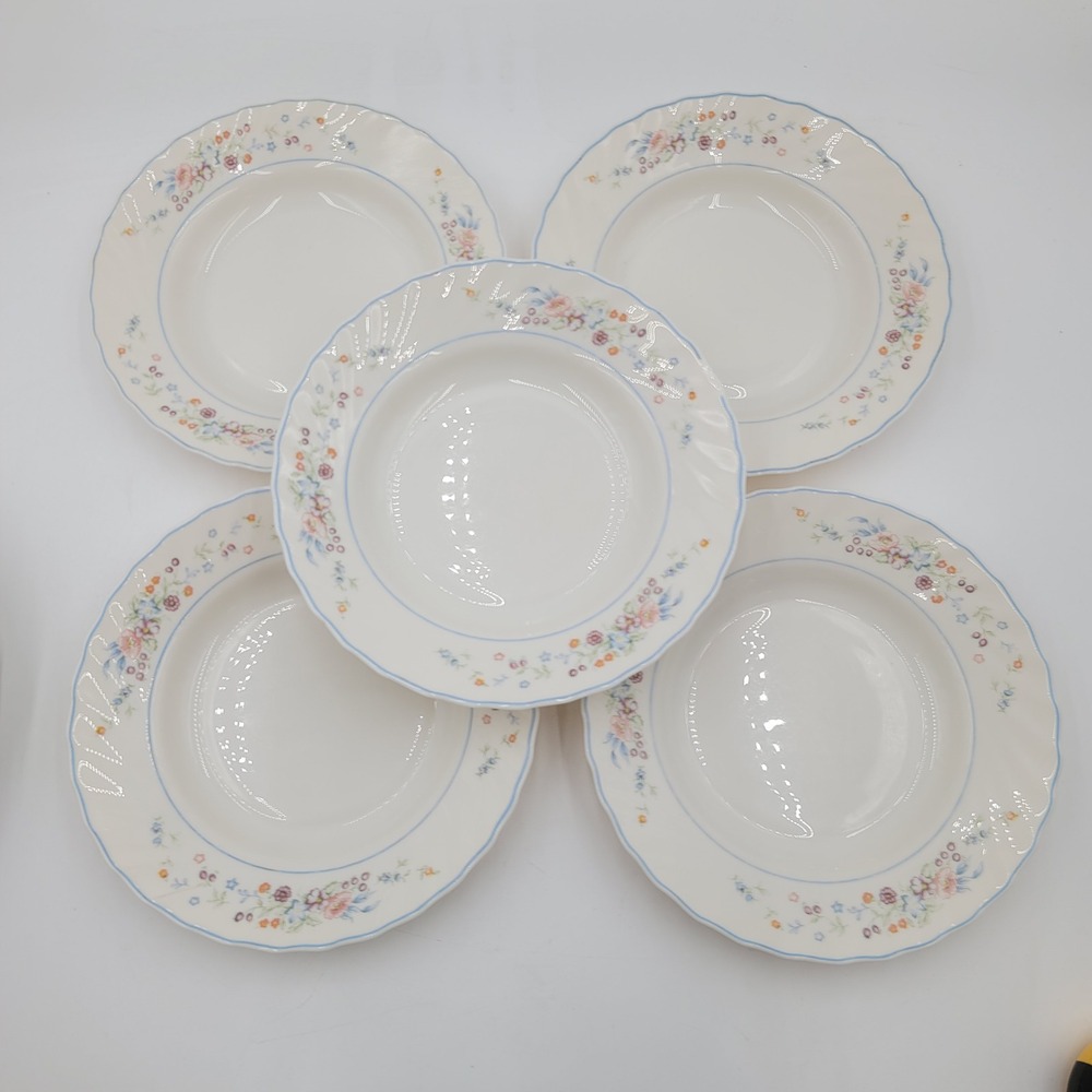 5 Arcopal Victoria Floral Pattern Soup Bowls Scalloped Edge Blue Rim‎ 8.75"